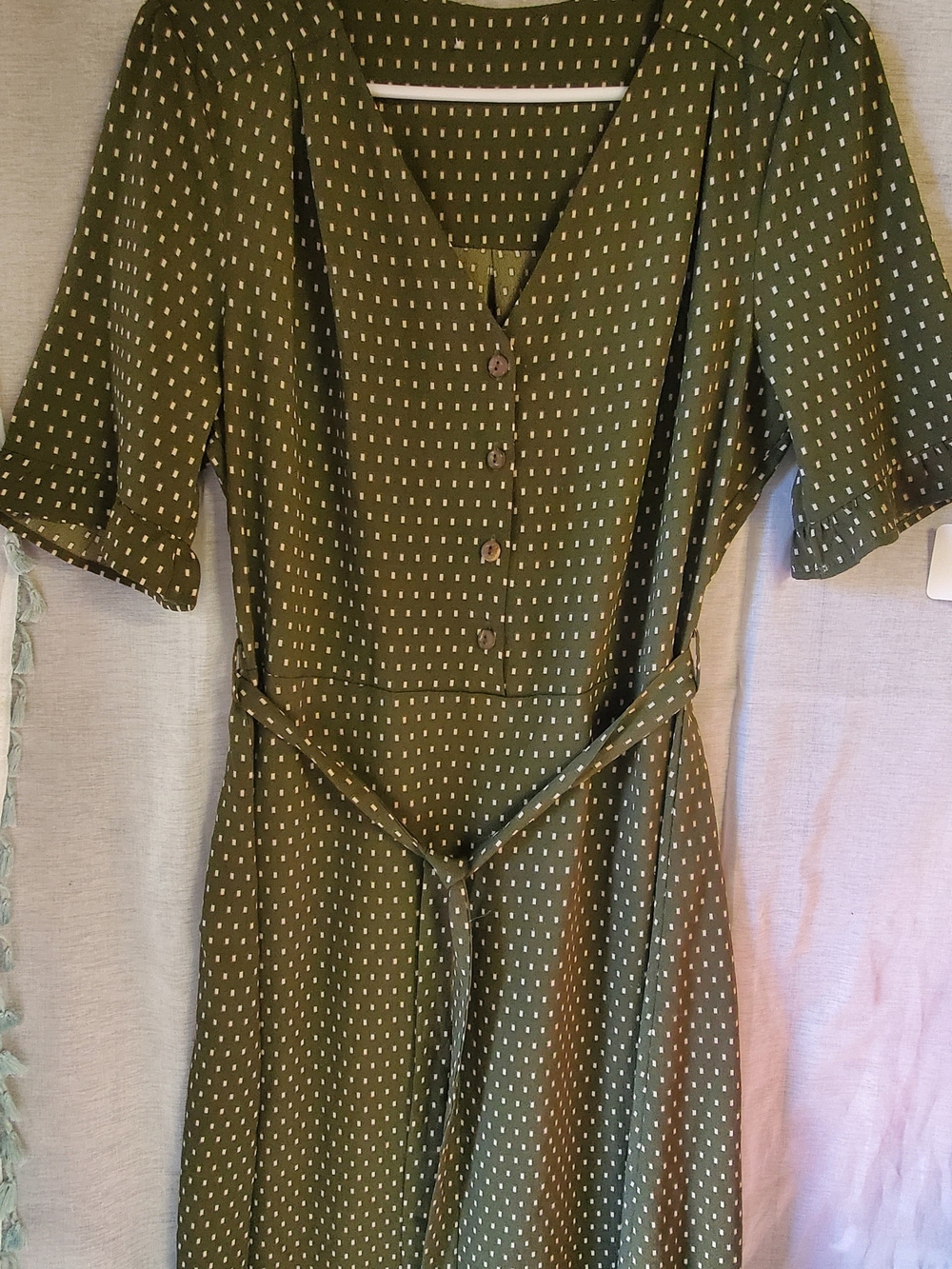 Olive Green Polka Dot Button-Front Midi Dress